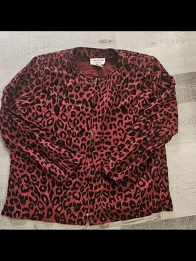 Cathy Daniels Red and Black Leopard-Print Zip Jacket Polyester Suede Large